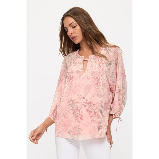 FLORAL METALLIC PEASANT WITH TIE SLEEVE
