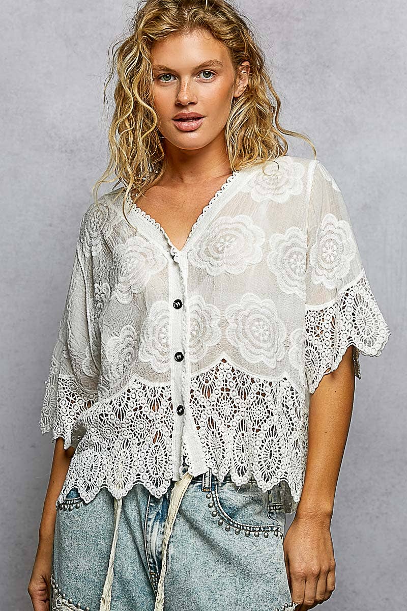 POL Crochet Trim Neckline Short Sleeve Jacket Top