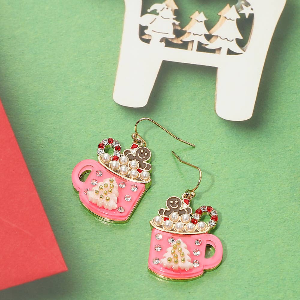 Gingerbread Man Pearl Christmas Mug Dangle Earrings
