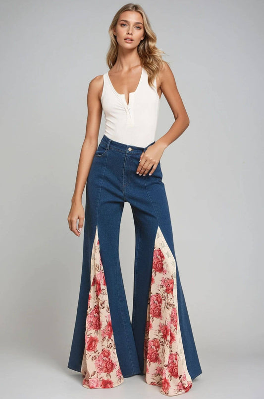 Wisteria Lane FLORAL PRINT LACE DETAIL WIDE LEG DENIM JEANS