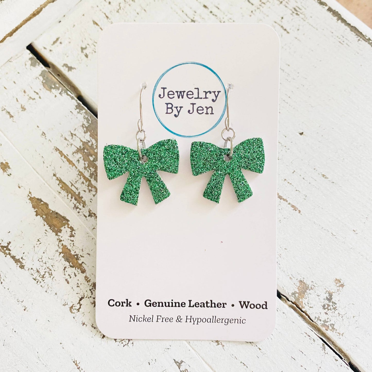Doorbuster Bow Earrings: Green Fine Glitter