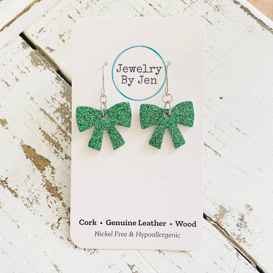 Doorbuster Bow Earrings: Green Fine Glitter
