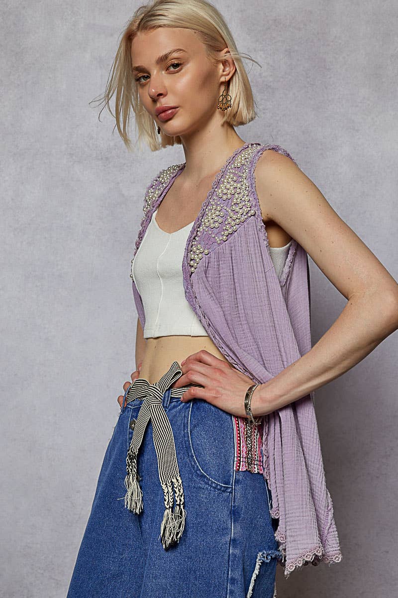 Open front embroidered pearls sleeveless cardigan top SALE