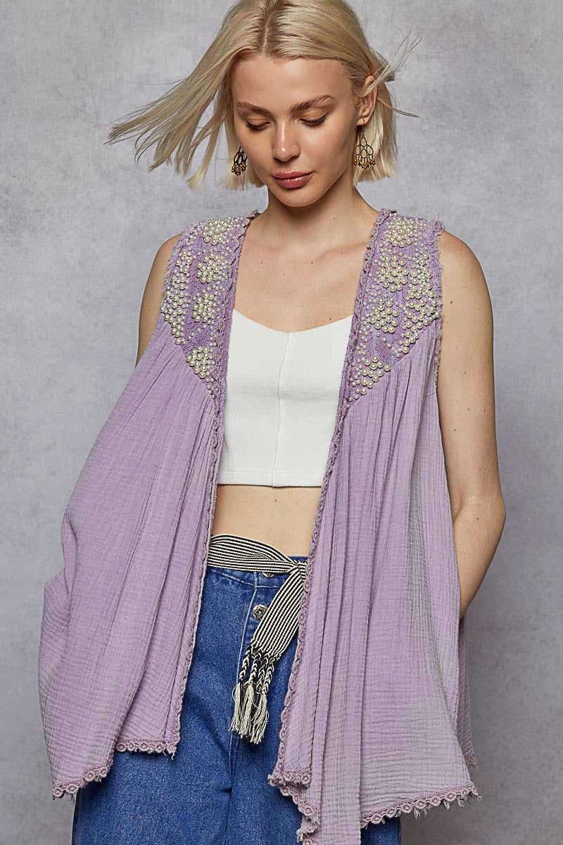 Open front embroidered pearls sleeveless cardigan top SALE