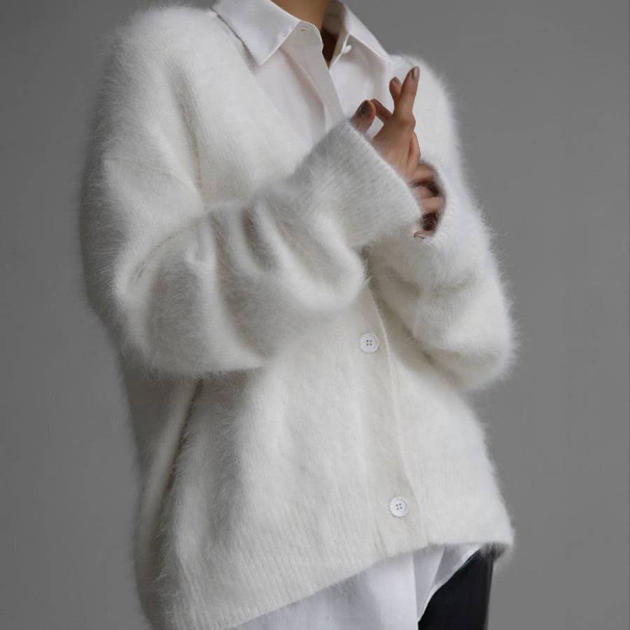 Demure Fluffy Button-down V-neck Cardigan
