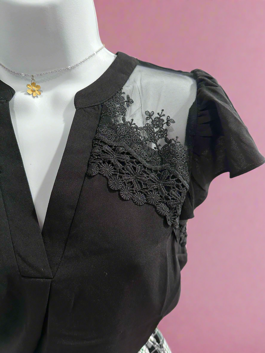 Black Lace and Frill Sleeve Blouse