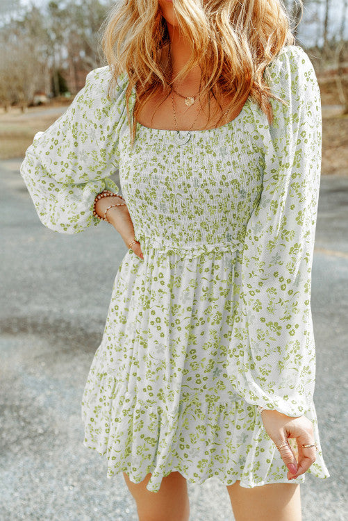 Green Floral Bubble Sleeve Dress