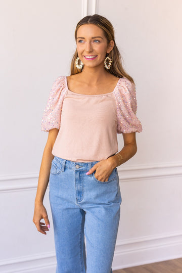 Rose Quartz Sequin Puff Sleeve Top