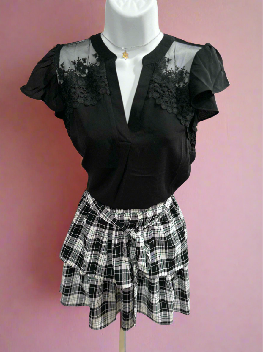 Black Lace and Frill Sleeve Blouse