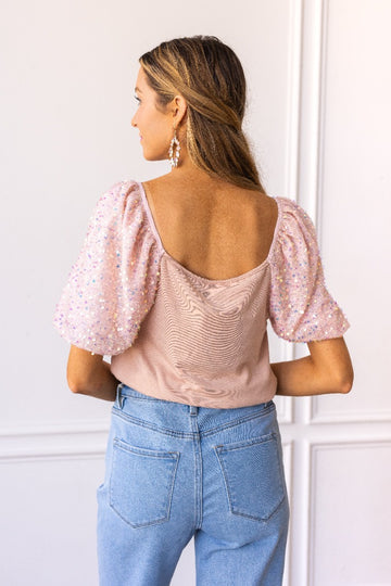 Rose Quartz Sequin Puff Sleeve Top