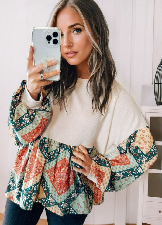Boho Crew N Fabric Top