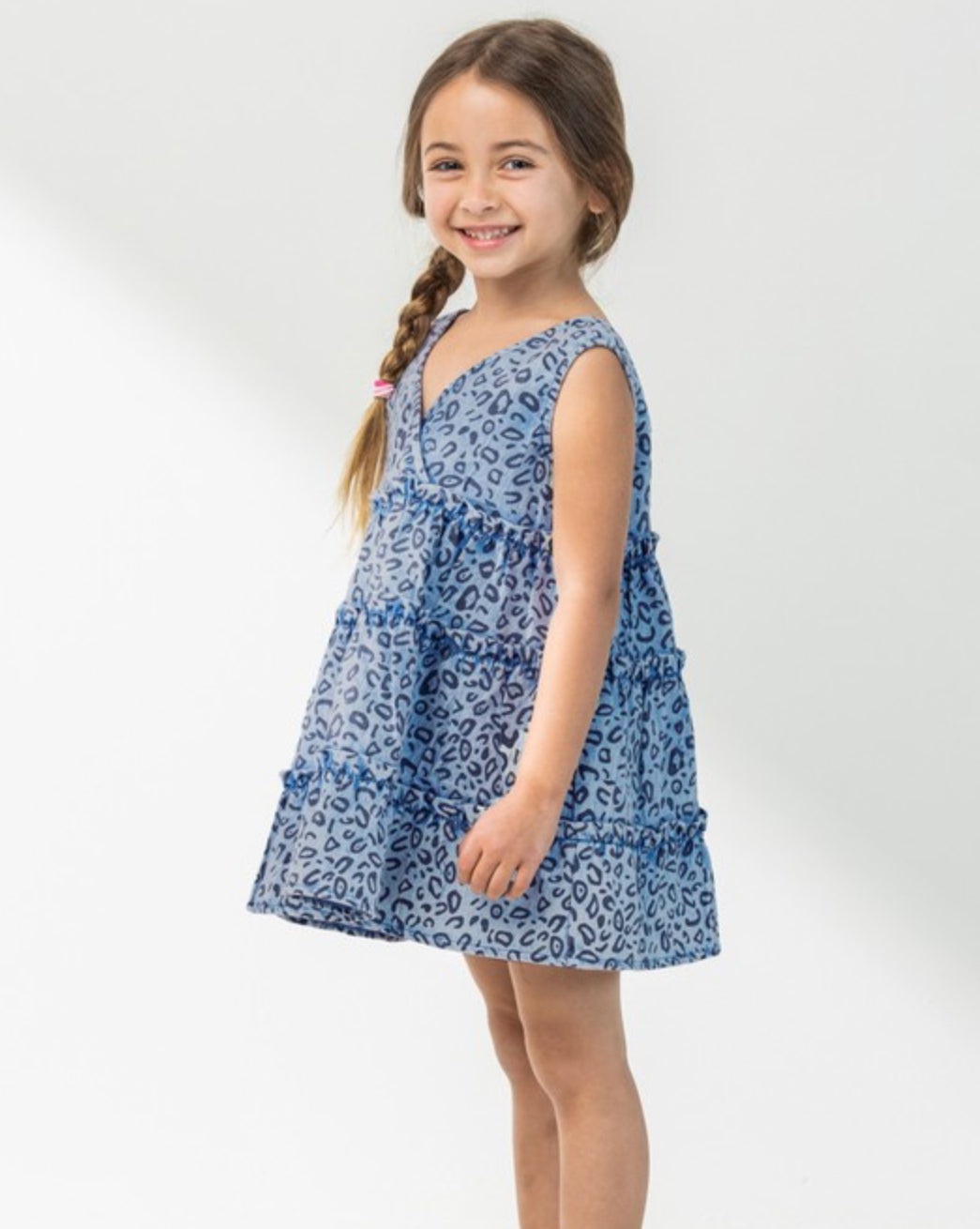 Girls Denim Leopard Dress