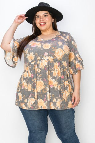 Plus Ruffle Sleeve Floral Top