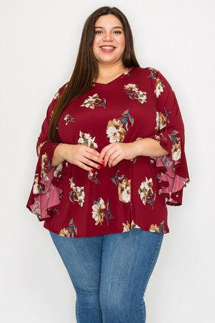 Plus V Neck Floral Asymmetrical Sleeves