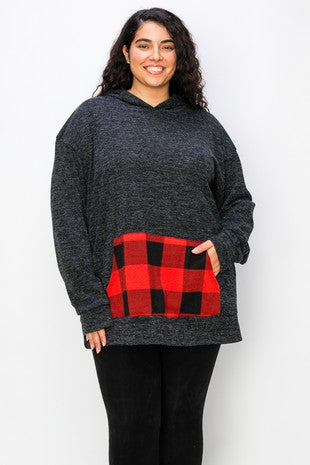 Plus Sweater Hoodie with Plaid Pocket