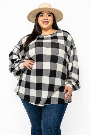 Plus Plaid Bubble Sleeve Sweater Top