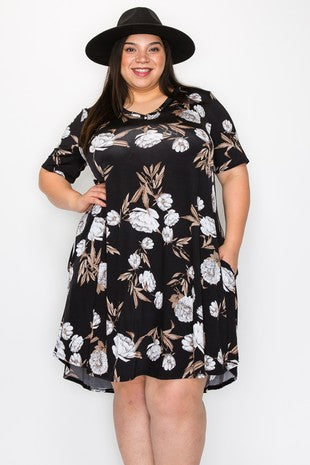 Plus V Neck Floral Dress with Pockets