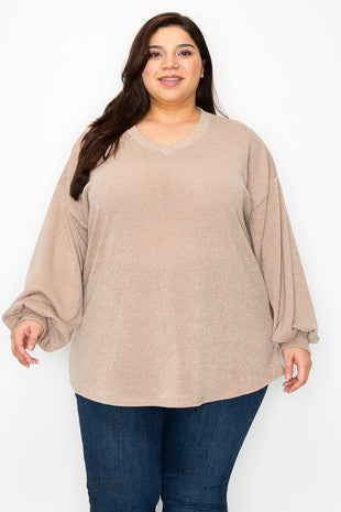 Plus V Neck Bubble Sleeve Sweater Top