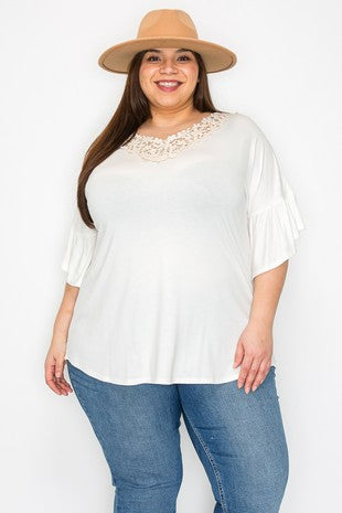 Plus Ruffle Sleeve Top with Lace Neckline