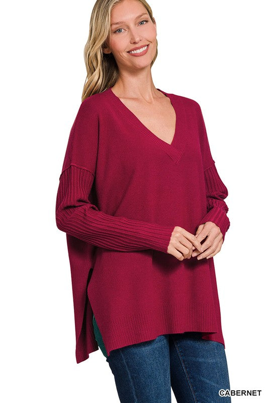 Ribbed Hem & Sleeve V Neck Sweater