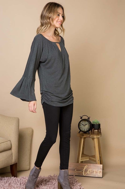 Solid Casual Keyhole Top with Side Ruching