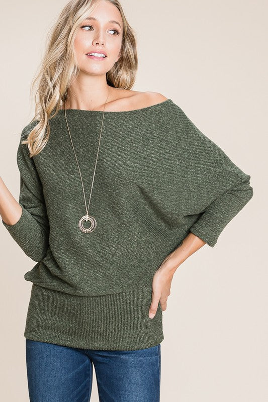 Solid Ribbed Brush Off Shoulder Top