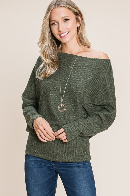 Solid Ribbed Brush Off Shoulder Top