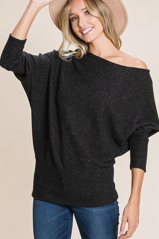 Solid Ribbed Brush Off Shoulder Top