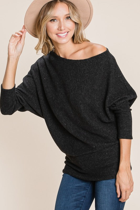 Solid Ribbed Brush Off Shoulder Top