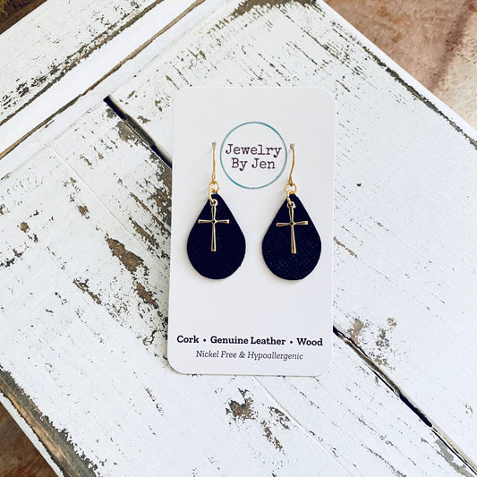 Teardrop Earrings: Black w/Gold Cross Charm