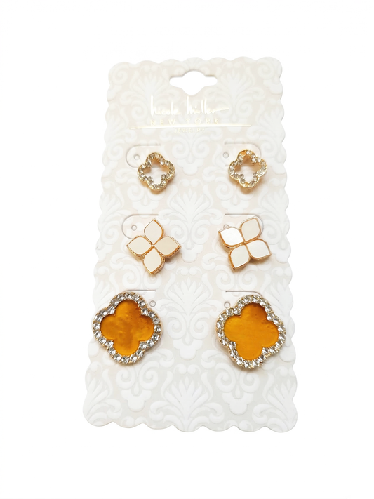 Set of 3 Mother Of Pearl and Brown Clover Motif Studs