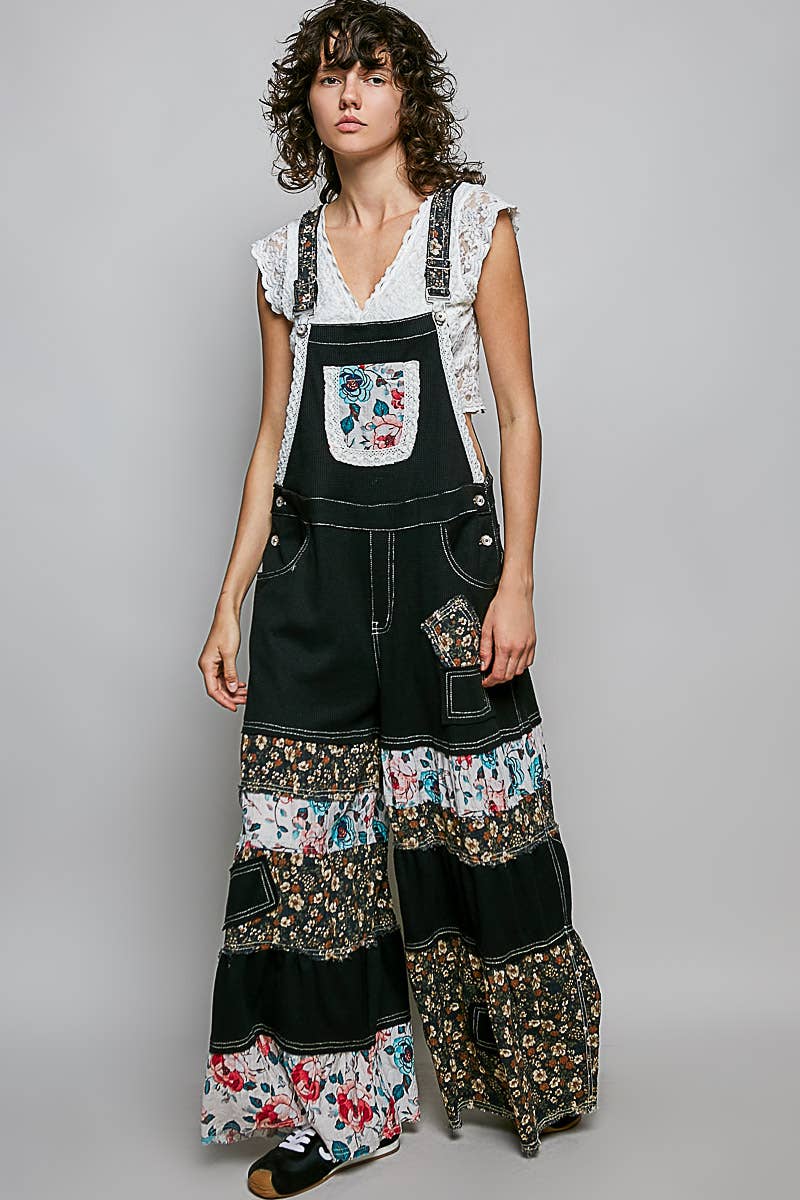 POL Mixed Fabric Wide Leg Overall