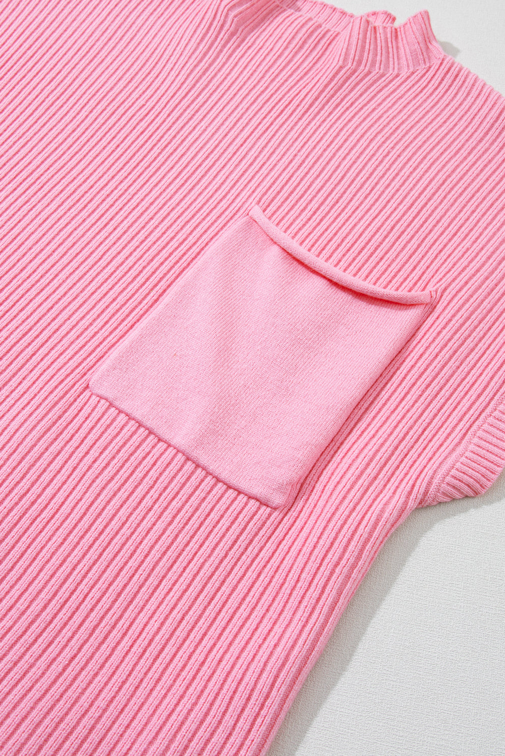 Patch Pocket Ribbed Knit Short Sleeve Sweater