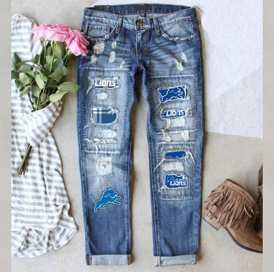 Women’s Ripped Straight Leg Jeans Game Day Printed Denim