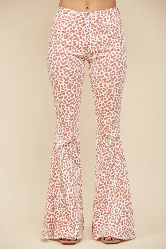 Wisteria Lane LEOPARD ANIMAL PRINT BELLBOTTOM JEANS - PINK