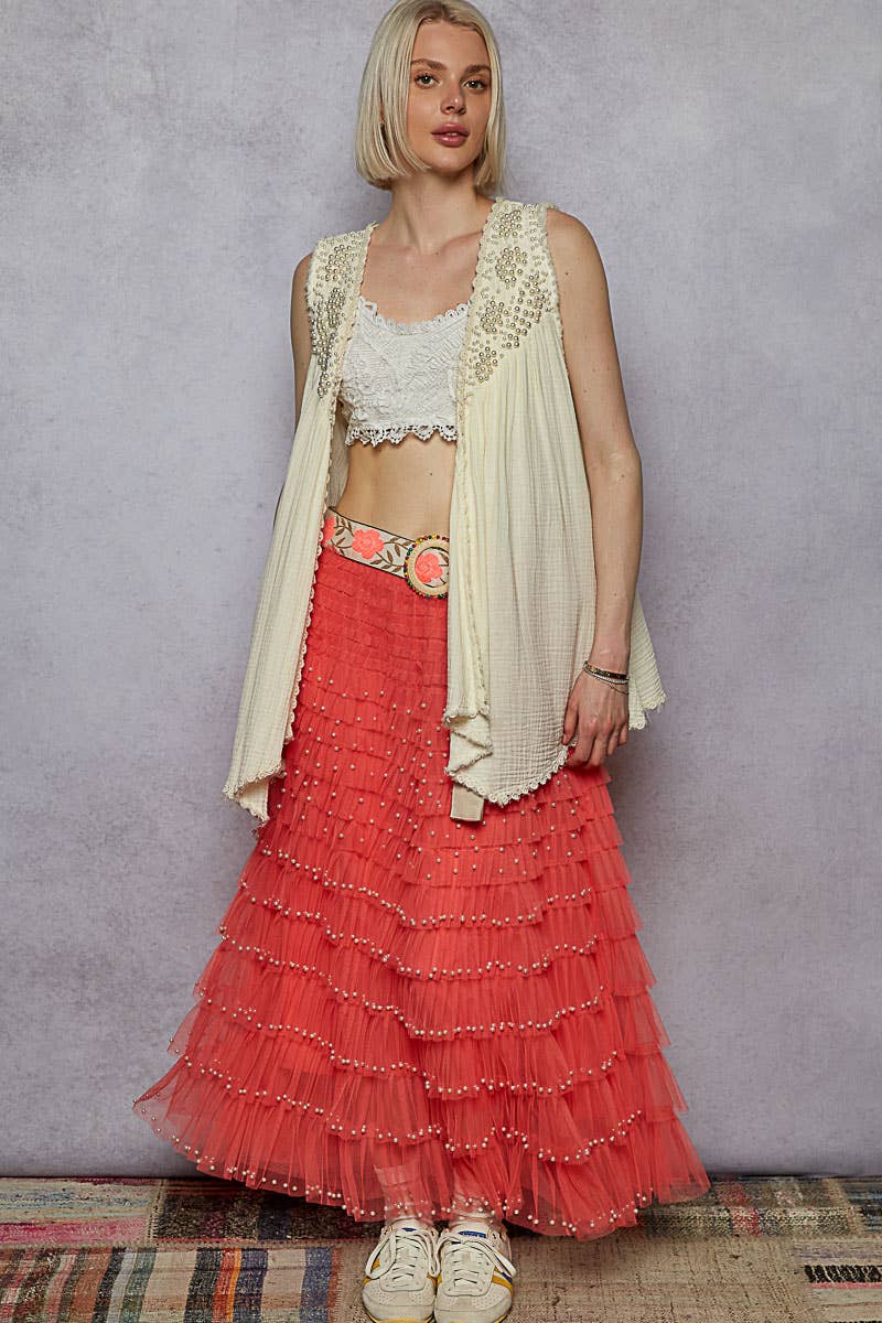 Open front embroidered pearls sleeveless cardigan top SALE