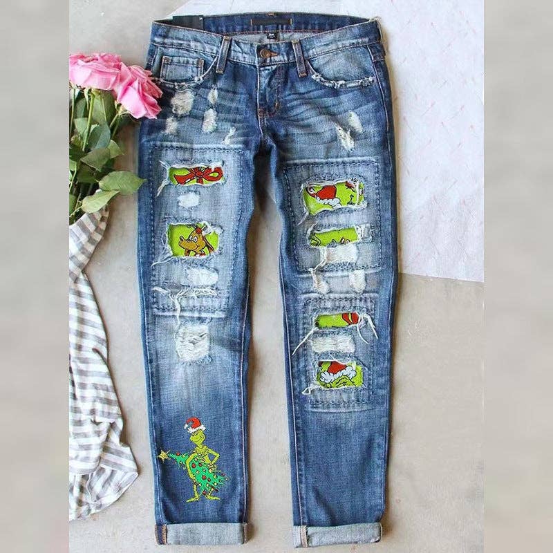 Women’s Light Wash Ripped Jeans with Christmas Grinch Patche
