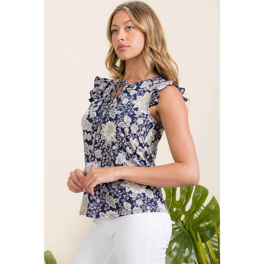 FLORAL KEYHOLE RUFFLE TANK