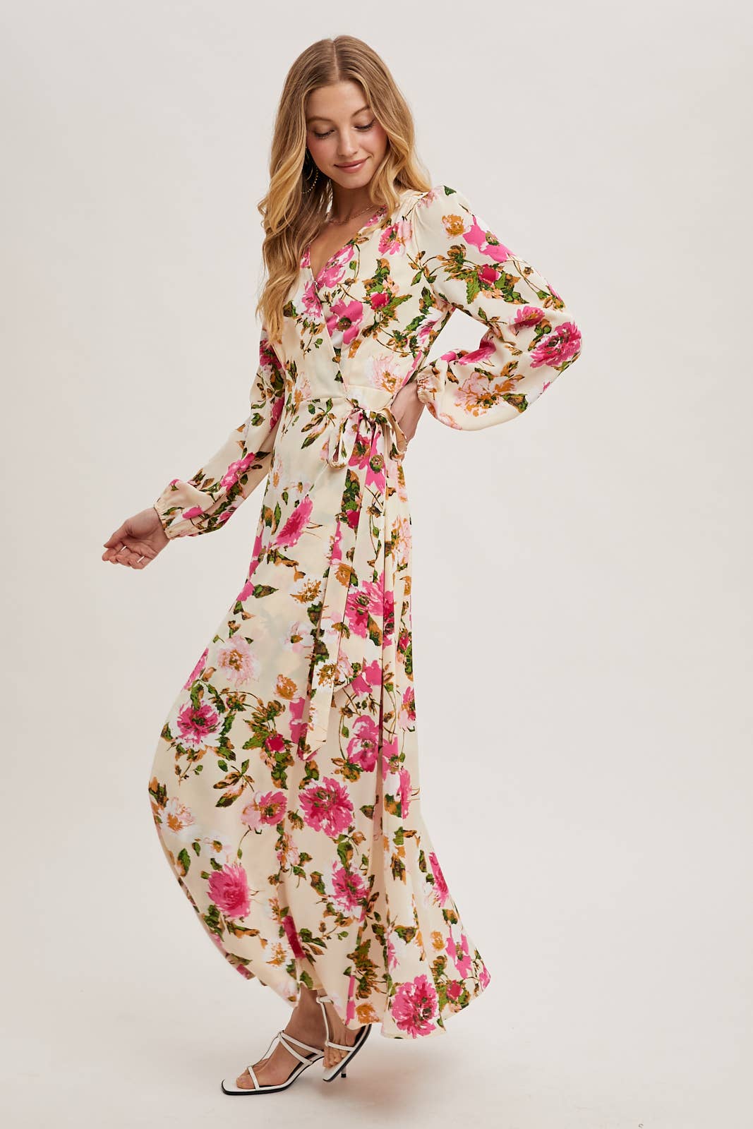 FLORAL SATIN WRAP MAXI DRESS