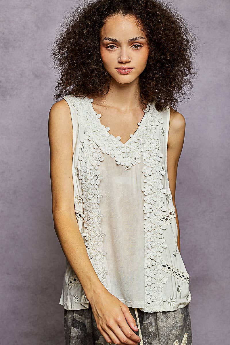 Sleeveless contrast floral lace crochet detail v-neck top