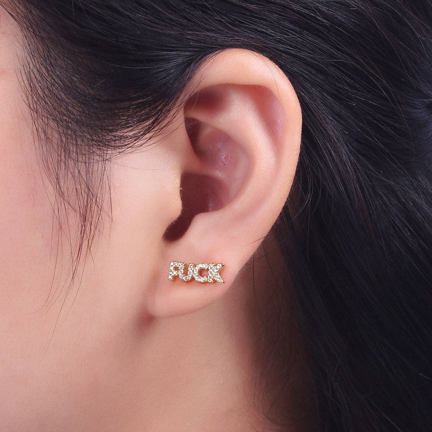 Dainty 16K Gold Filled "FUCK" CZ Stud Earrings