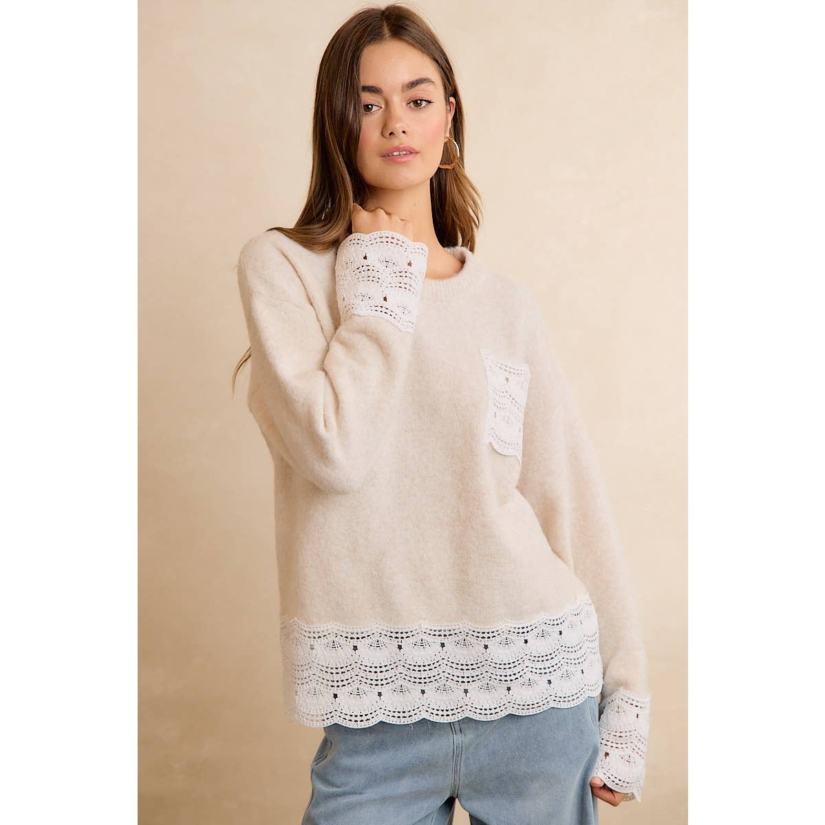NEW WOMEN CROCHET N LACE BIBI SWEATER