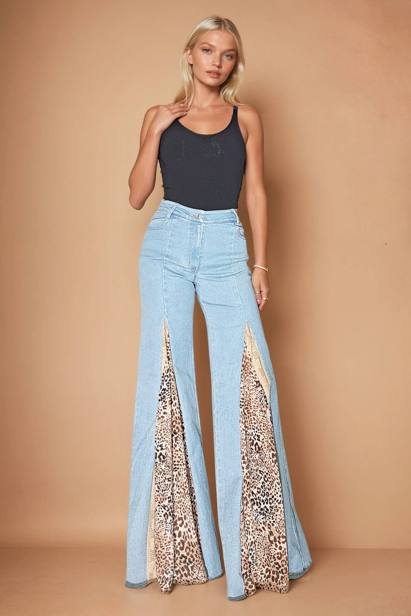 Wisteria Lane LEOPARD AND LACE WIDE LEG BOHO DENIM JEANS