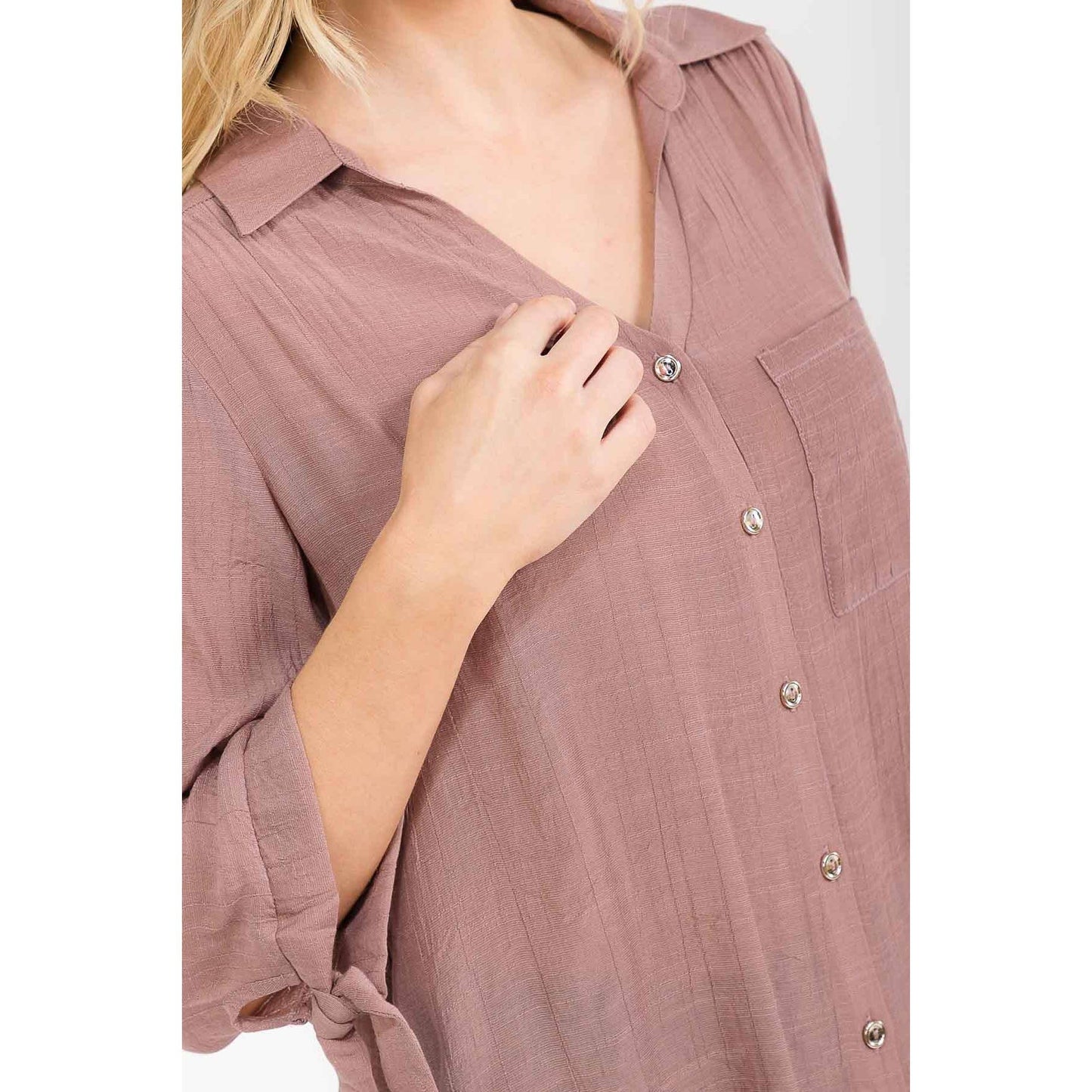 PAPAYA GAUZE COLLAR TIE SLEEVE SHIRT