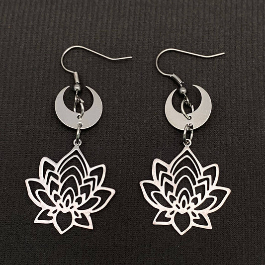 Hollow Lotus Moon Charm Dangle Earrings