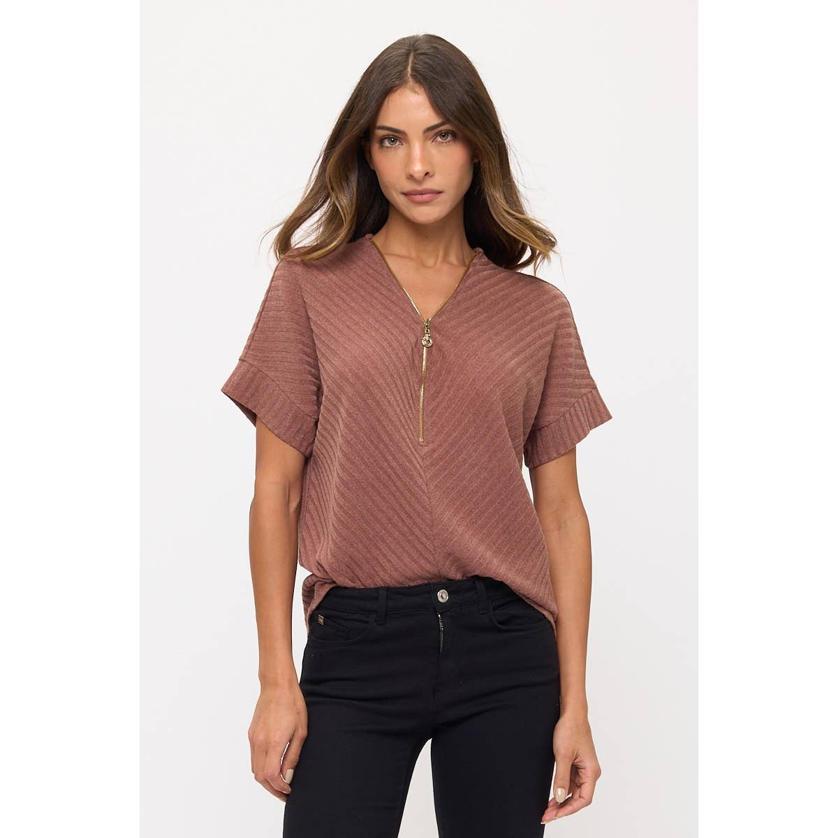 MIRU RIB O-RING PULLY ZIPPER SWEATER DOLMAN