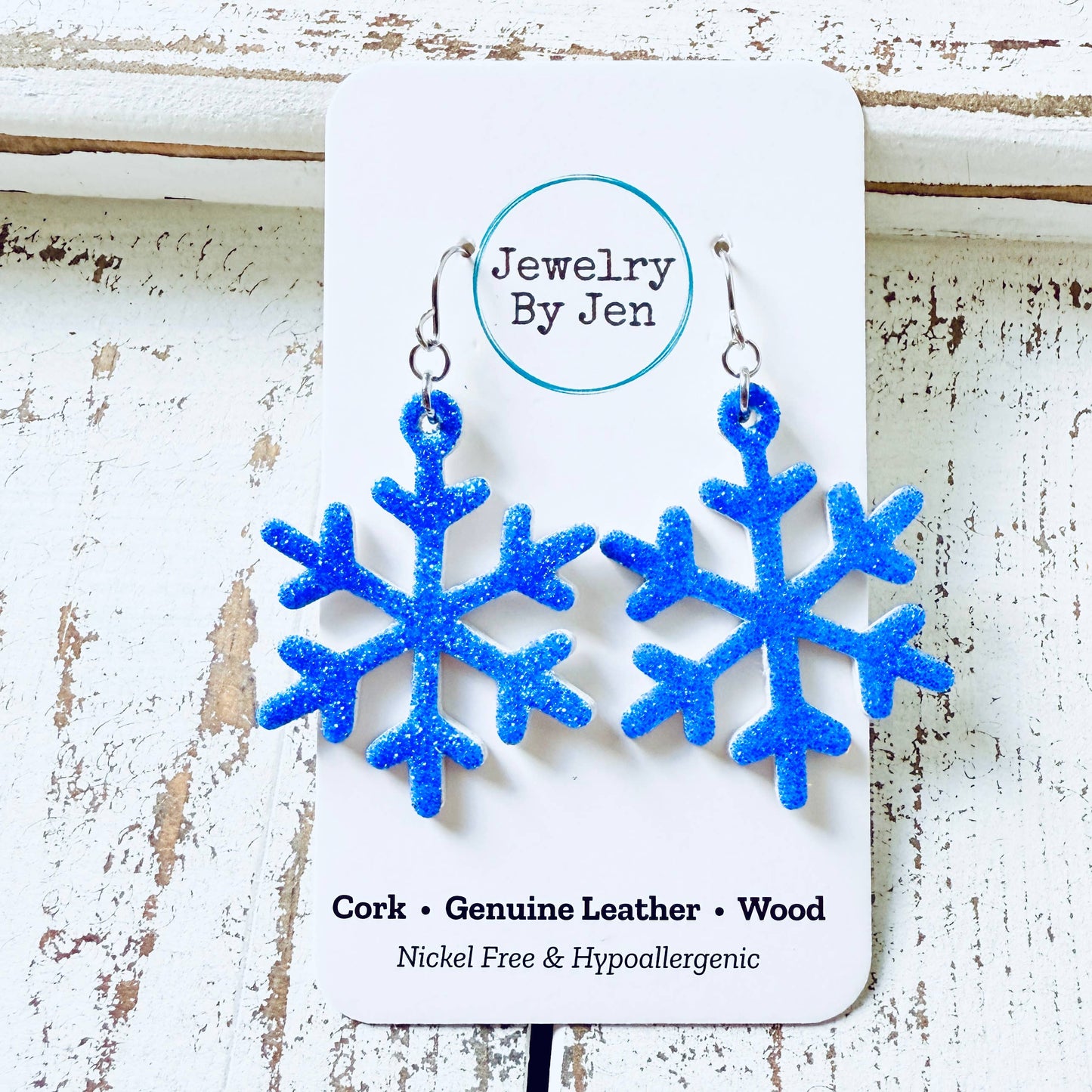 Snowflake Christmas Earrings Blue Glitter