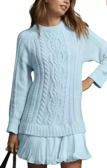 Fashion Patchwork Mesh Cable Knit Sweater Dress