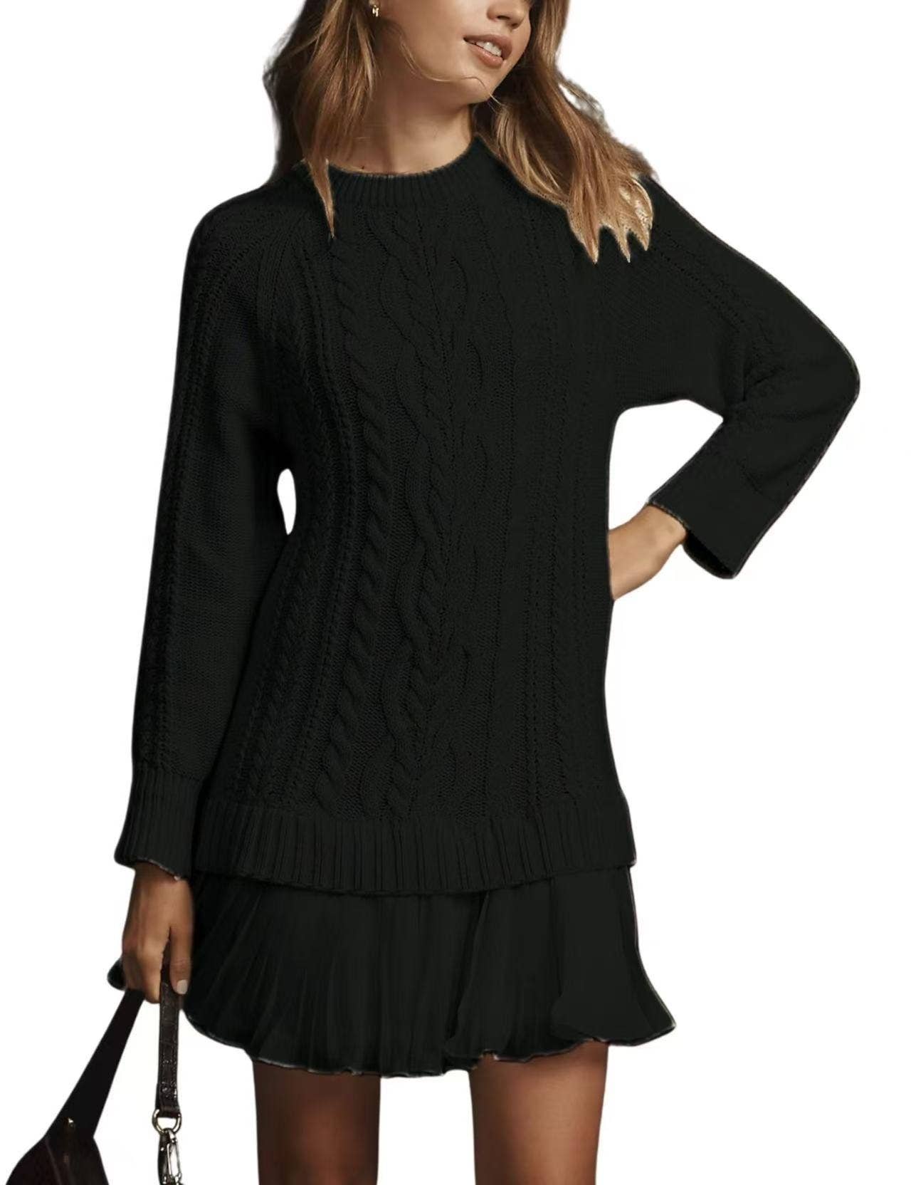 Fashion Patchwork Mesh Cable Knit Sweater Dress