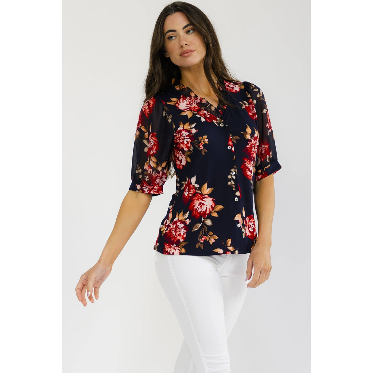 FLORAL MIX MEDIA RUFFLE SHIRT